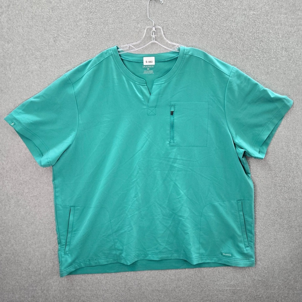 Jaanuu Men Scrub Top 3XL Green Logo Pockets Short Sleeve‎ V Neck